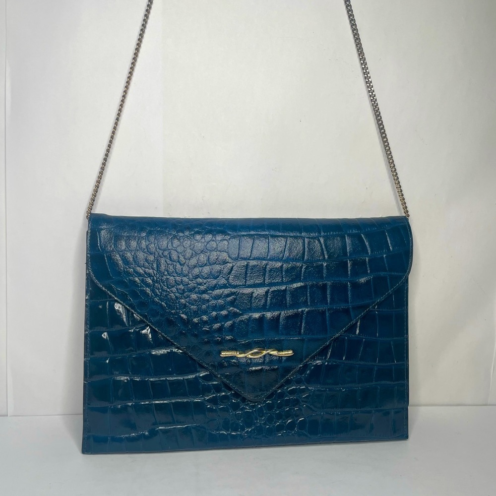 Sylvia Cee Blue Croc Embossed Leather Italian Chain Messenger Flap Shoulder Bag